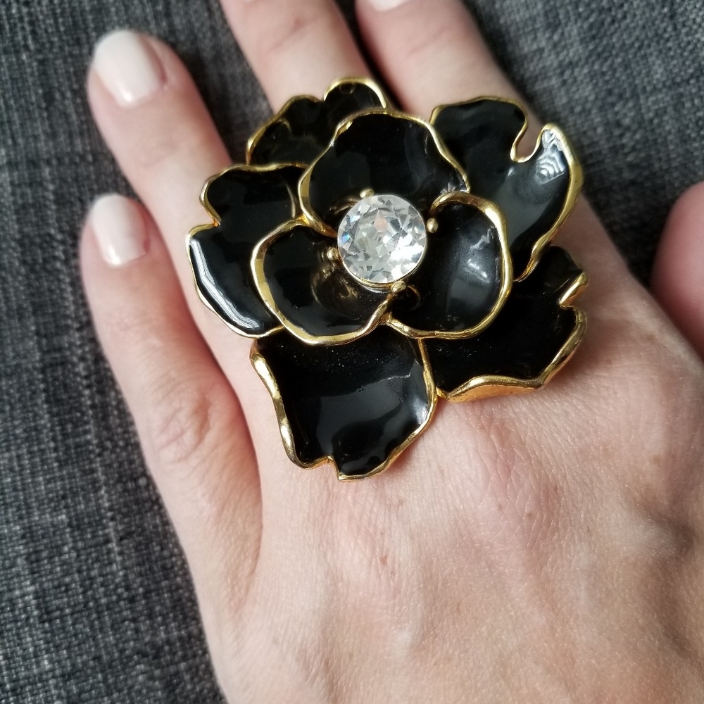 Bloomingdale's black enameled flower cocktail ring